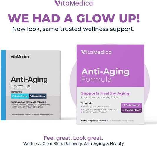 Vitamedica Anti-Aging Formula 4-In-1 Health And Beauty Supplement | Anti Aging Supplement For Women And Men | Healthy Hair, Skin, And Nails | Natural Energy & Restful Sleep | 30 Am & Pm Packets