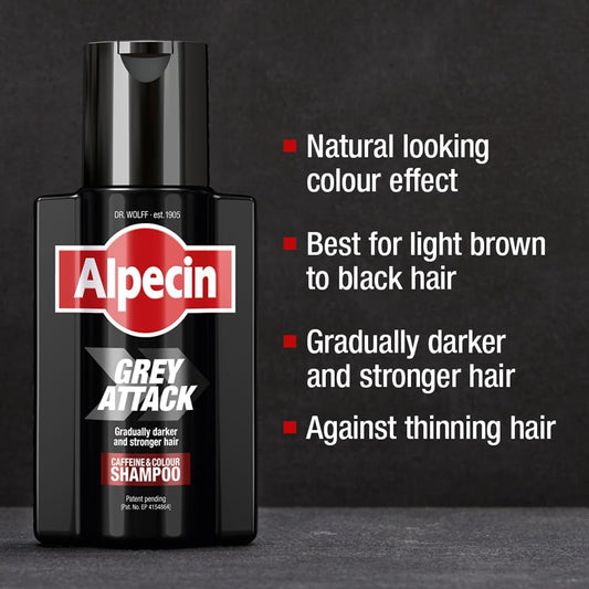 Alpecin Grey Attack Caffeine & Colour Shampoo For Men 2X 200Ml | Gradually Darker And Stronger Hair | Controlled & Natural Looking Colour Effect For Less Greys | Against Thinning Hair