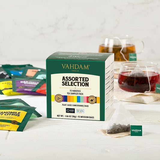 Vahdam, Tea Variety Pack - 15 Flavors Pyramid Tea Bags | Assorted Tea Sampler | Black Tea, Green Tea, Oolong Tea, Chai Tea | Long Leaf Pyramid Tea Bags Variety Pack | Gifts For Women & Men, Tea Set