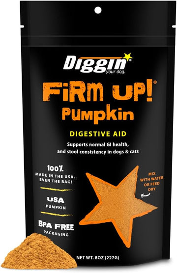 Diggin’ Your Dog Firm Up Pumpkin for Dogs & Cats, 100% Made in USA, Pumpkin Powder for Dogs, Digestive Support, Apple Pectin, Fiber, Healthy Stool, 8 oz