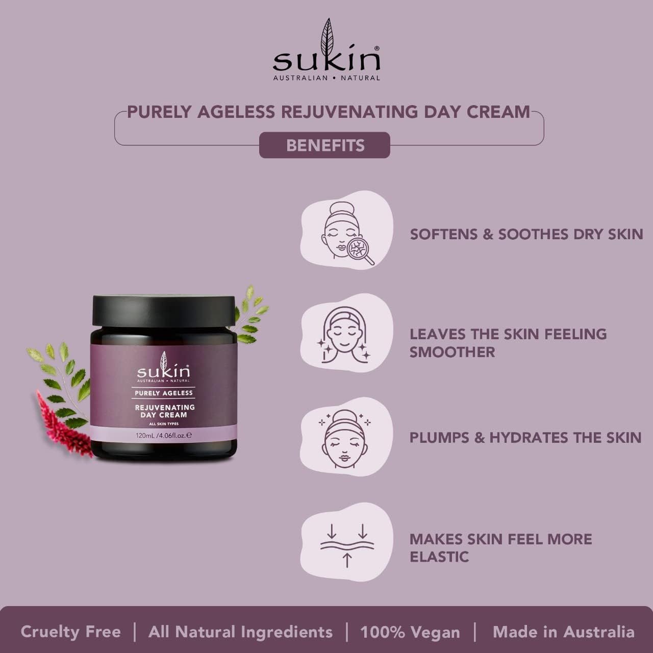 Sukin Purely Ageless Rejuventating Day Cream 120ml - with Vitamin E; cruelty free & vegan friendly - to naturally plump, firm & hydrate skin, whilst softens & soothes dry skin. : Amazon.co.uk: Beauty