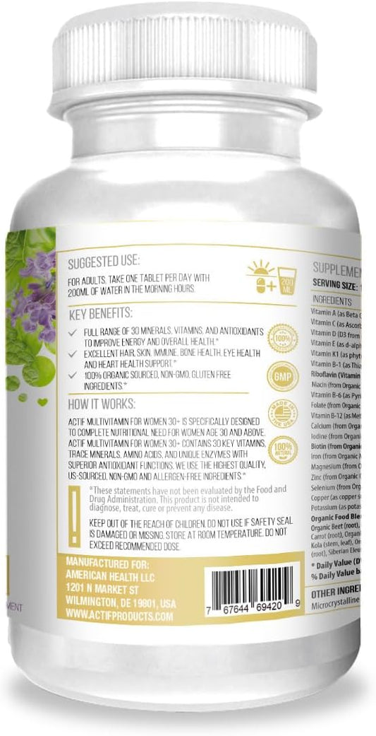 ACTIF Multivitamin for Women Age 30+ with 30 Organic Vitamins and Organic Herbs, Non-GMO, Made in USA, 2-Month Supply