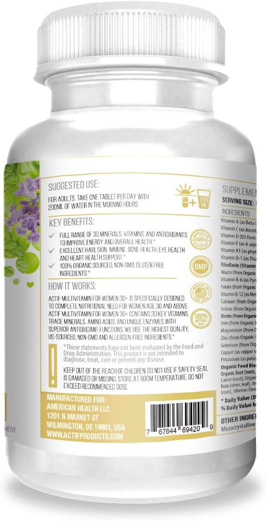 Actif Multivitamin For Women Age 30+ With 30 Organic Vitamins And Organic Herbs, Non-Gmo, Made In Usa, 2-Month Supply