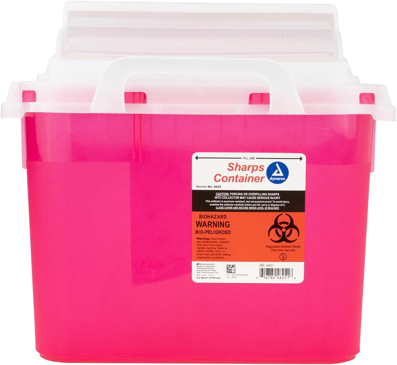 Dynarex Sharps Container, Provides A Safe Disposal Of Medical Waste And Needles, Non-Sterile & Latex-Free, 5.4 Quarts, Made With Thermoplastic, Red With A Transparent Lid, 1 Dynarex Sharps Container