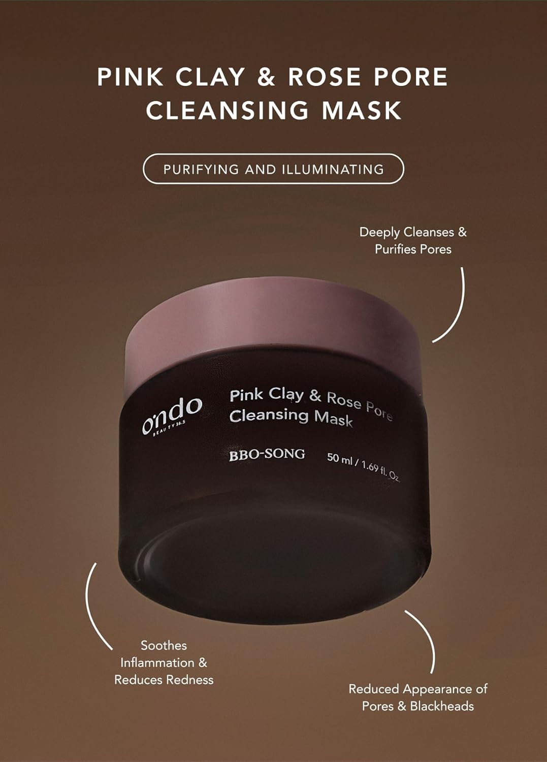 Ondo Beauty 36.5 Pink Clay Rose Pore Cleansing Mask, Deep Cleansing Face Mask With Pink Clay & Rose Water For Refined Pores & Radiant Skin, 50 G