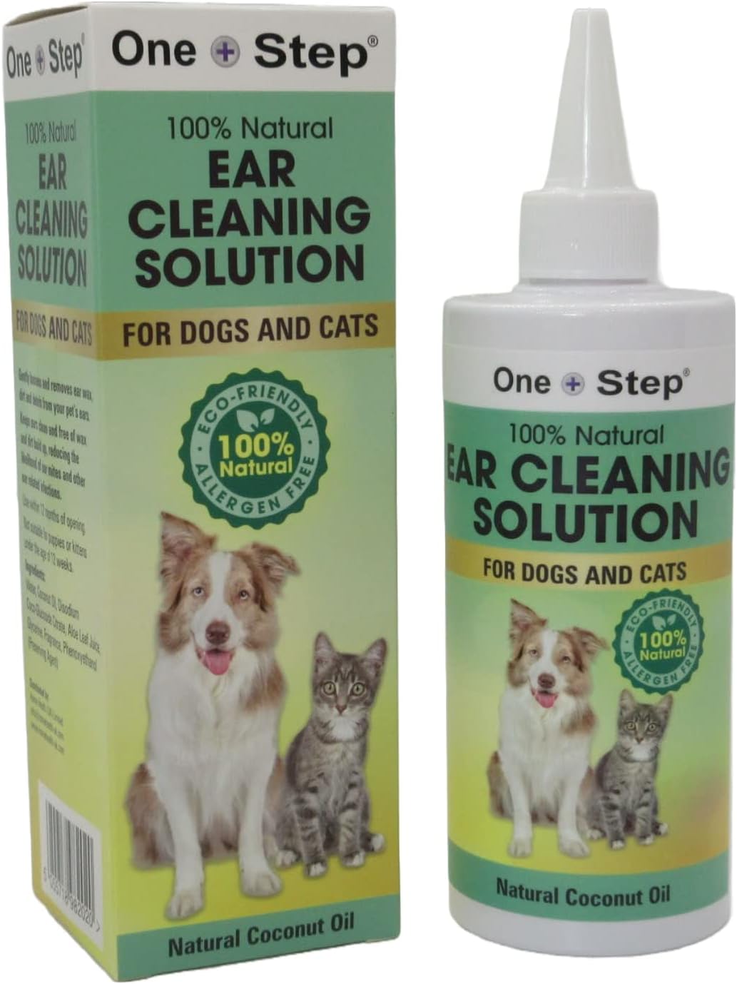 One Step Pet Ear Cleaner for Dogs & Cats 237ml, 100% Natural Cleaning Solution used to Stop Shaking Head, Itchy, Smelly Ears & Wax Removal, Organic Coconut Oil & Aloe Vera Leaf Juice Formula
