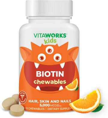 Kids Biotin 5000mcg Chewable Tablets - Tasty Natural Orange Flavor - Vegan, GMO-Free, Gluten Free, Nut Free - Dietary Supplement - Hair Skin and Nails Vitamins for Children - 120 Chewables