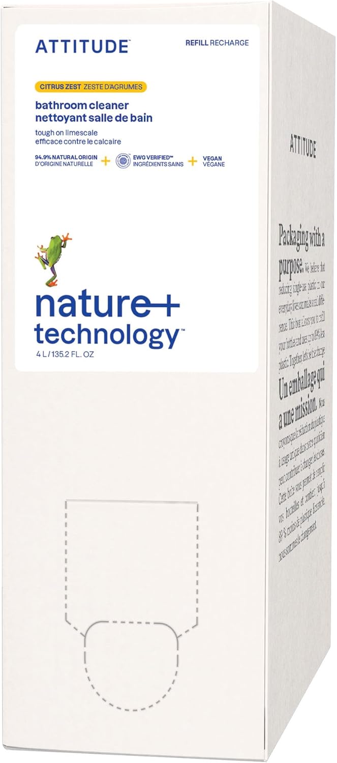 Attitude Bathroom Cleaner, Ewg Verified, Plant- And Mineral-Based Ingredients, Vegan Household Products, Citrus Zest, Bulk Refill, 135.26 Fl Oz