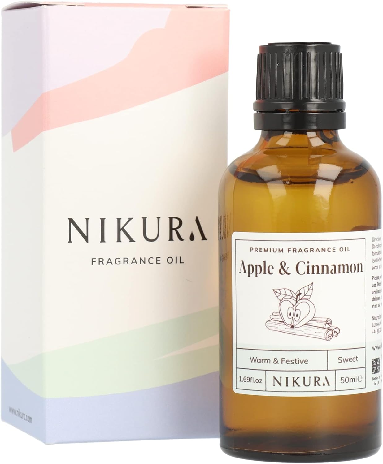 Nikura Apple & Cinnamon Fragrance Oil - 50Ml | Perfect For Soap Making, Candle Making, Wax Melts, Diffuser | Great For Use In Bath Bombs, Perfume Oil, Perfume Scents, Potpourri | Vegan & Uk Made