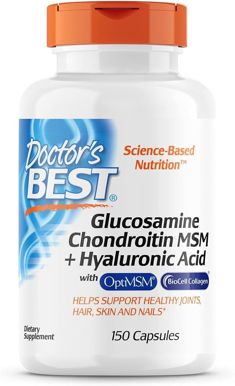 Doctor's Best Glucosamine Chondroitin MSM + Hyaluronic Acid with OptiMSM Featuring Biocell Collagen, Joint Support, Non-GMO, Gluten & Soy Free, 150 Caps