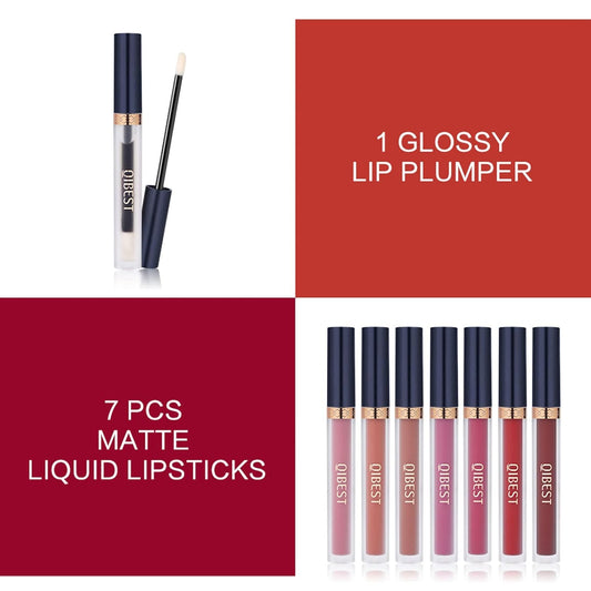 Qibest 7Pcs Matte Liquid Lipstick + 1Pcs Lip Plumper Makeup Set Kit, Pigmented Long Lasting Lip Gloss Set, Velvet Waterproof Halloween Lip Makeup Valentine'S Gift Sets For Girls And Women