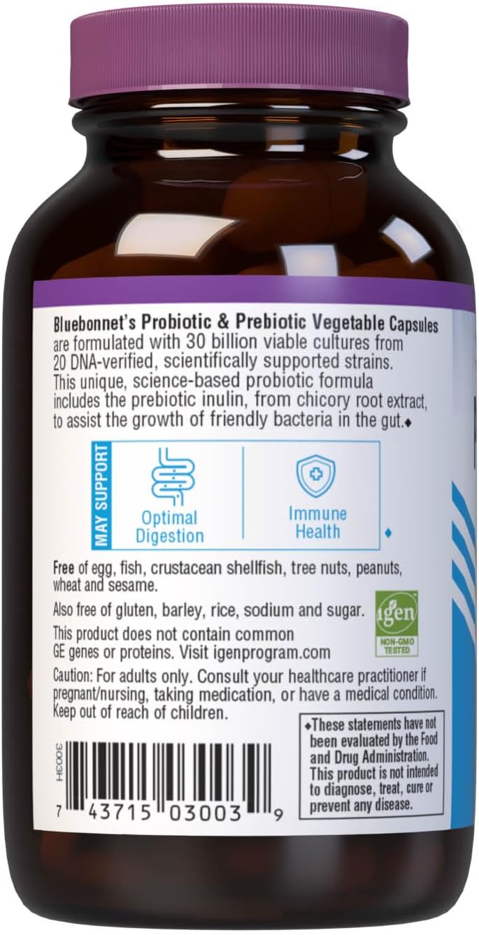 Bluebonnet Nutrition Probiotic And Prebiotic, 30 Billion Cfu Per Serving, Supports Immune & Aids In Digestive Health, Gluten-Free, Non-Gmo, 30 Count : Health & Household