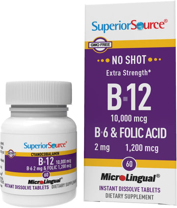 Superior Source No Shot Vitamin B12 Cyanocobalamin (10000 mcg), B6, Folic Acid, Quick Dissolve MicroLingual Tablets, 60 Count, Increase Energy, Healthy Heart, Boost Metabolism, Stress Support, Non-GMO