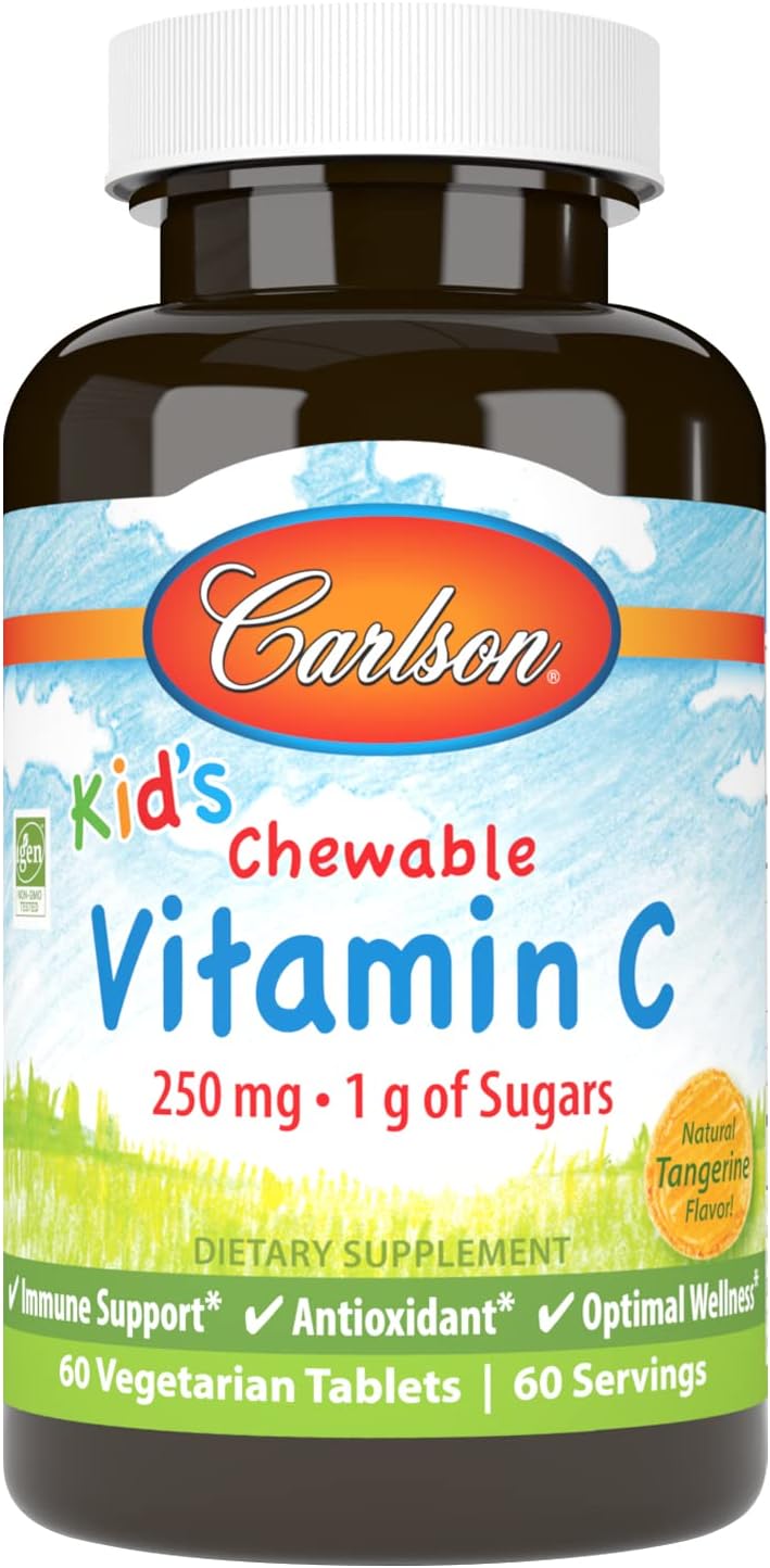 Carlson - Kid'S Chewable Vitamin C, 250 Mg, 1 G Of Sugars, Immune Support & Optimal Wellness, Antioxidant, Tangerine, 60 Vegetarian Tablets