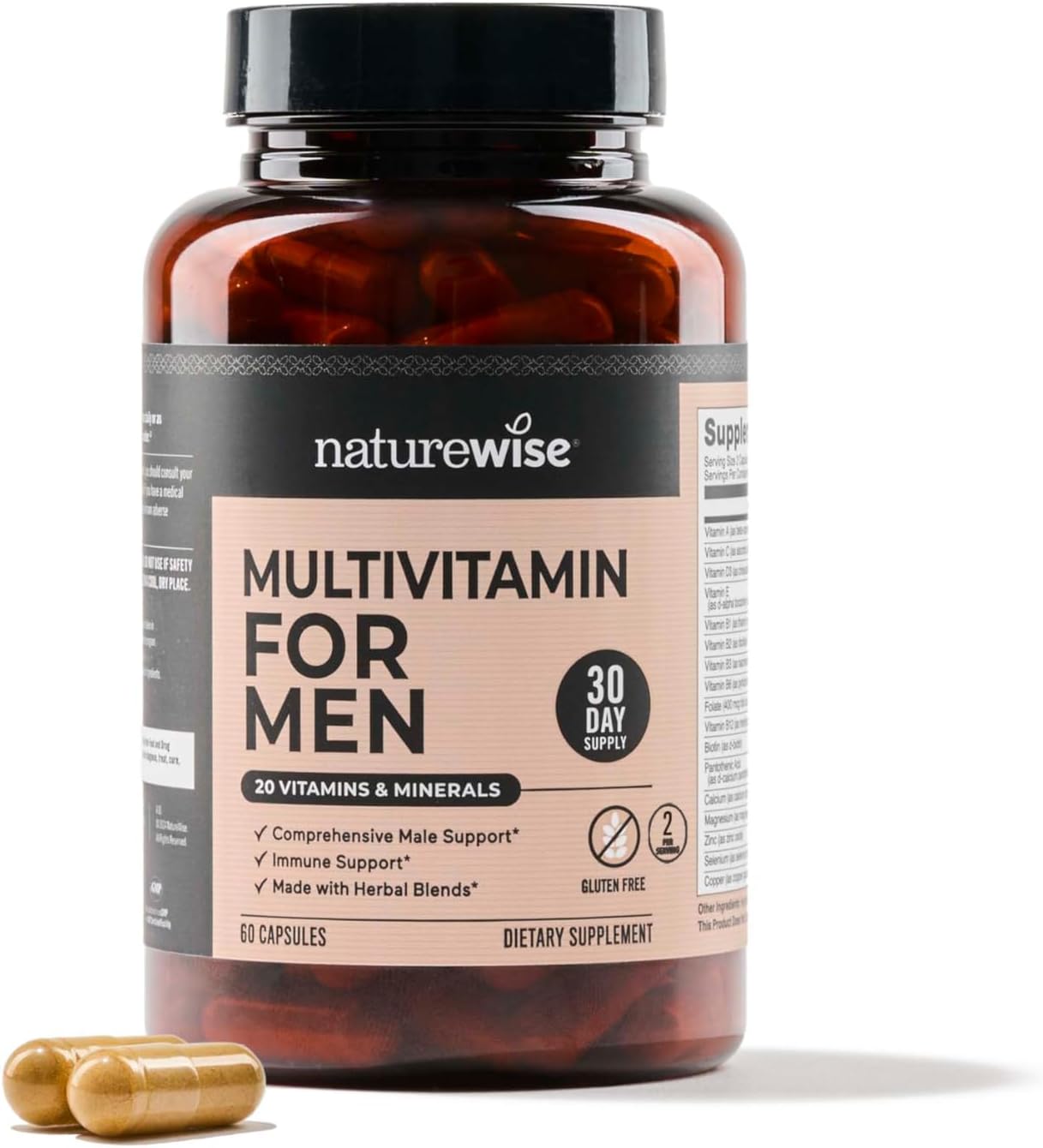 Naturewise Multivitamin For Men - Daily Male Support - Minerals & Herbs For Energy, Performance, Immunity - With Vitamin A, C, D, B-Complex - Soy & Gluten-Free, Non-Gmo - 60 Capsules[1-Month Supply]