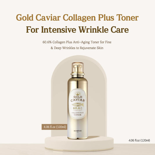 SKINFOOD Gold Cavior Collagen Plus Toner, 4.06fl.oz (120ml), Anti-Aging Toner for Deep Wrinkle & Fine Wrinkle, Plumping Skin, Deep Hydrating Toner with Collagen & Gold