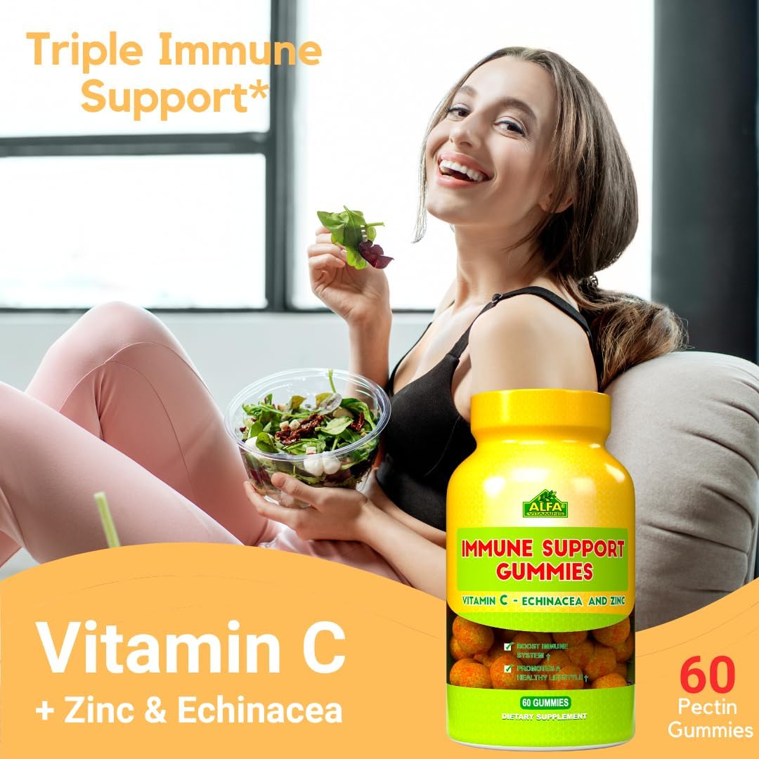 ALFA VITAMINS Immune Support Gummies with Vitamin C Plus Zinc & Echinacea - Daily Immune Support Booster for Adults - Orange Flavor - 60 Gummies : Health & Household