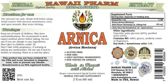 Hawaii Pharm Arnica Alcohol-Free Liquid Extract, Organic Arnica (Arnica Montana) Dried Flower Glycerite Natural Herbal Supplement 2 oz