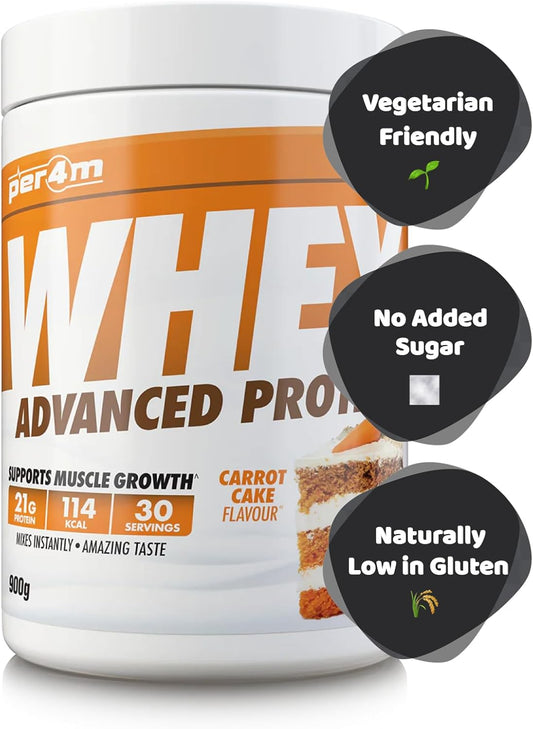 Per4M Protein Whey Powder | 30 Servings Of High Protein Shake With Amino Acids | For Optimal Nutrition When Training | Low Sugar Gym Supplements (Carrot Cake, 900G)