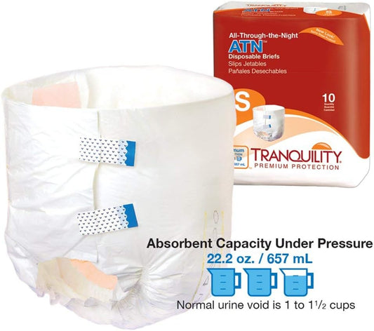 Tranquility Atn Adult Disposable Briefs With All-Through-The-Night Protection, S (24"-32") - 10 Ct