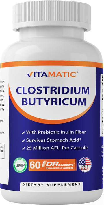Vitamatic Clostridium butyricum 25 Million - Gut Health - 60 DR Capsules (Delayed Released) - Made with Prebiotic Inulin Fiber