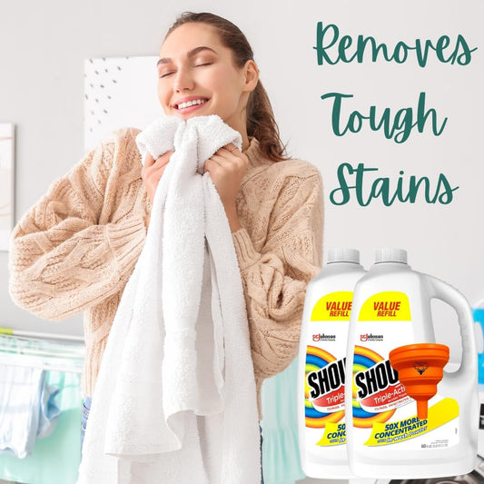 Shout Stain Remover Refill, Triple-Acting Spot Treatment 60 Fluid Ounce, (Pack of 2), Bundled with a Easy Fill Funnel (color may vary)