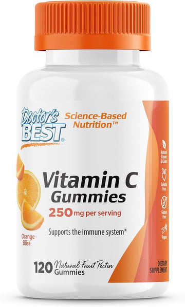 Doctor's Best, Vitamin C Gummies 250mg per Serving Great Tasting Immune Brain Eyes Heart Circulation Antioxidant Support Natural Pectin Vegan Gluten Free CT, Fruit, 120 Count