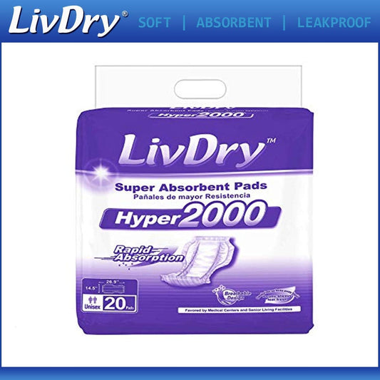 LivDry Incontinence Pad Insert for Men and Women | Extra Absorbency with Odor Control (Hyper 2000 (20 Count))