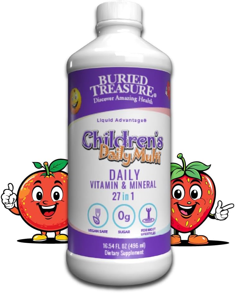 Buried Treasure Children’S Daily Liquid Multivitamin - 16 Oz, 16 Servings, Orange Mango Flavor, Supports Kids With Essential Nutrients & Minerals