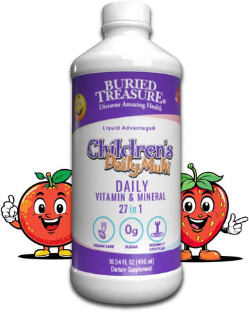 Buried Treasure Children’S Daily Liquid Multivitamin - 16 Oz, 16 Servings, Orange Mango Flavor, Supports Kids With Essential Nutrients & Minerals