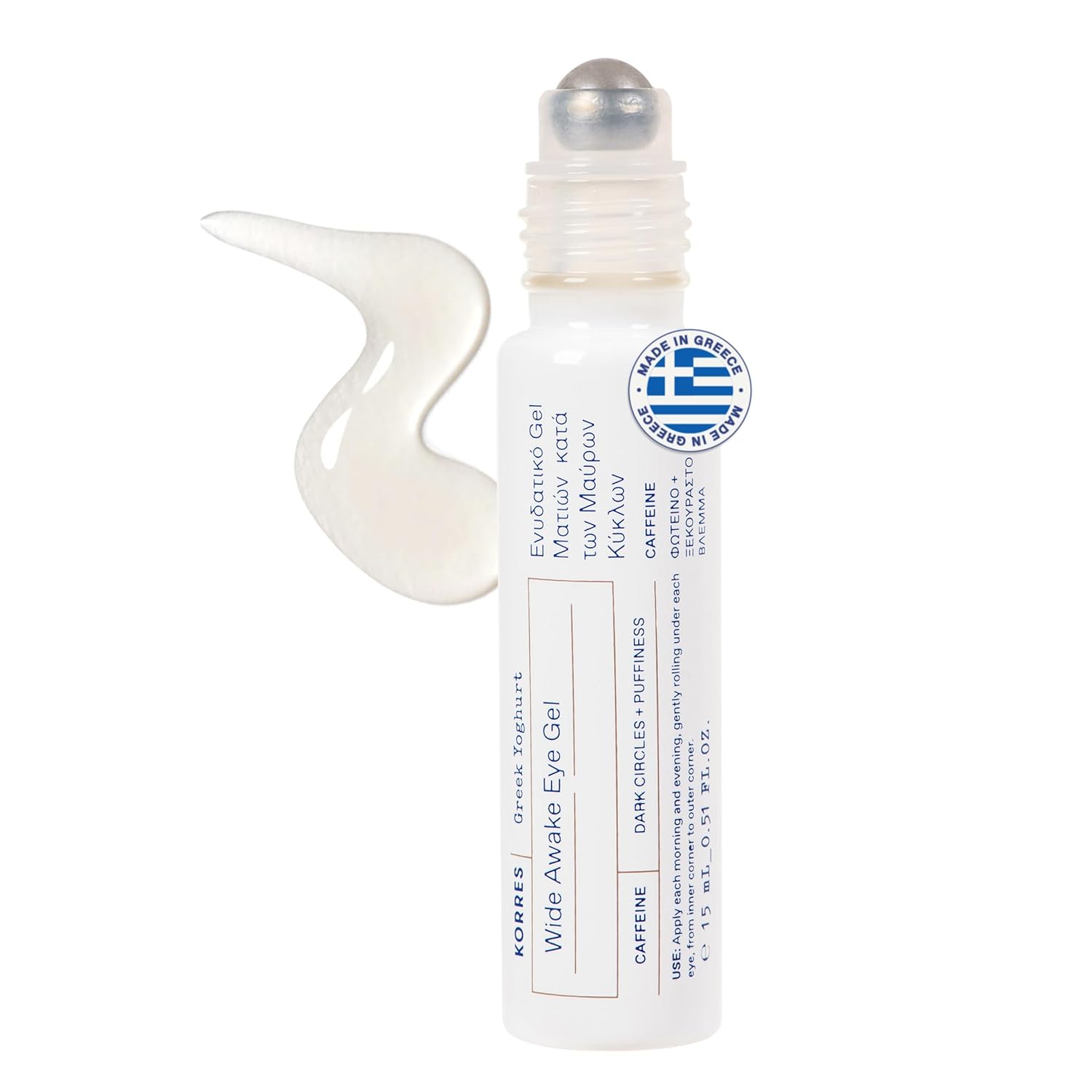 Korres Greek Yoghurt Wide Awake Eye Gel Serum With Hyaluronic Acid And Caffeine For Dark Circles, Puffy Eyes And Under Eye Bags, Roller Massage Ball Applicator, Brightening And Hydrating, 0.51 Fl Oz