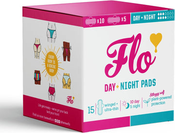 Flo Organic Bamboo Sanitary Towels With Wings – Ultra-Thin, Soft, Absorbent Period Pads For Leak-Proof Protection – 14 Day & 10 Night Combo Pack