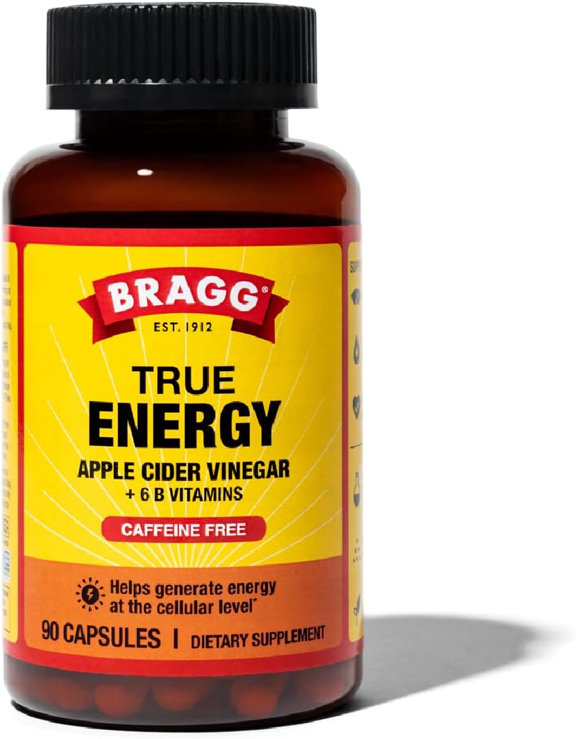 Bragg Apple Cider Vinegar True Energy Capsules – 6 B Vitamins – Caffeine Free - 750Mg Of Acetic Acid – Weight Management - Non-Gmo, Vegan, Gluten Free, No Sugar - (90 Pills) (1)