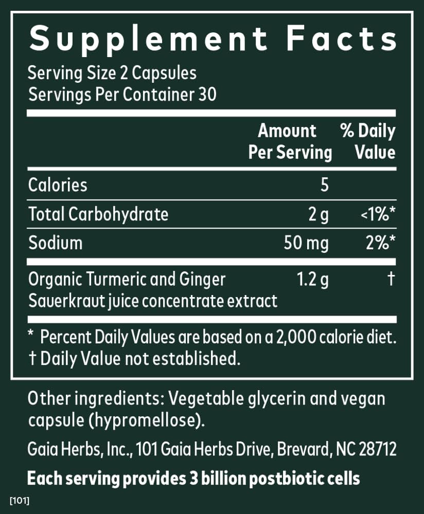 Gaia Herbs Ginger - Turmeric Postbiotic, 60 Capsules