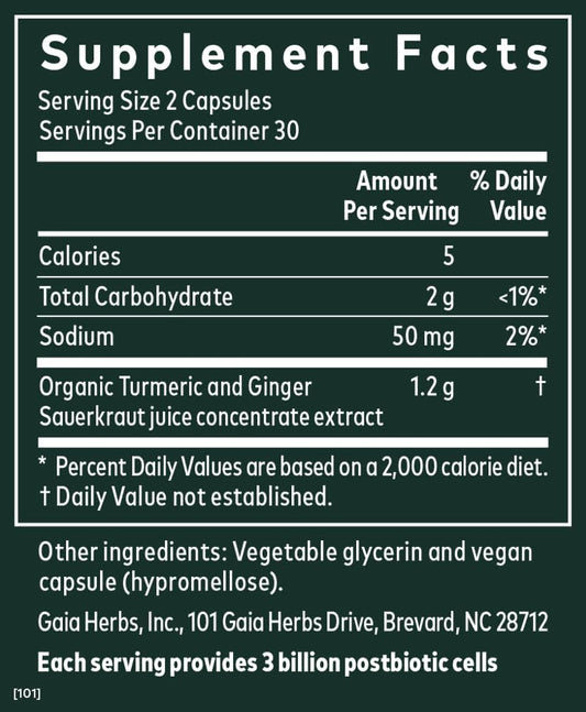 Gaia Herbs Ginger - Turmeric Postbiotic, 60 Capsules