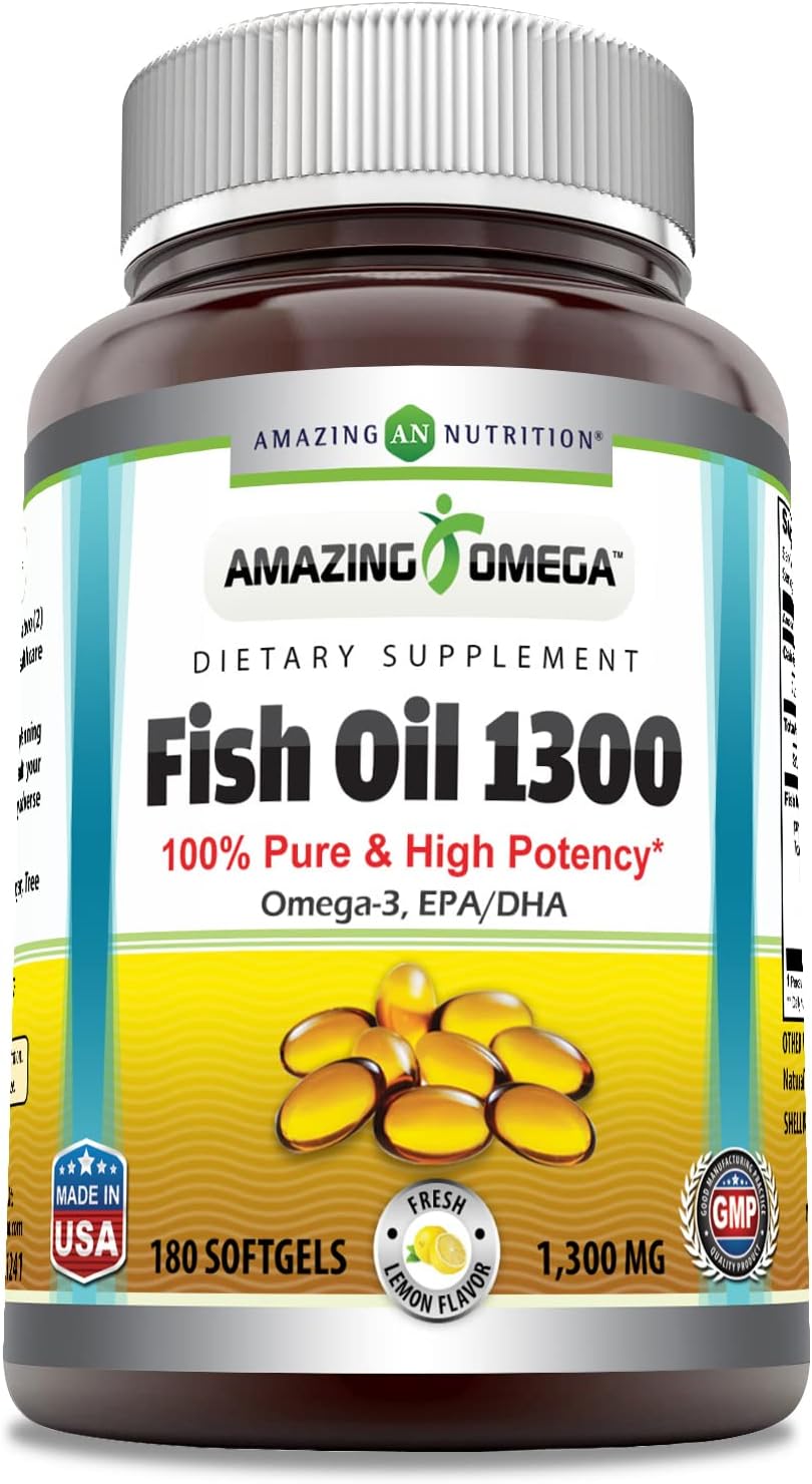 Amazing Omega Fish Oil (Omega-3) 1300mg 180 Softgels Supplement | Lemon avor | Non-GMO | Gluten Free | Made in USA