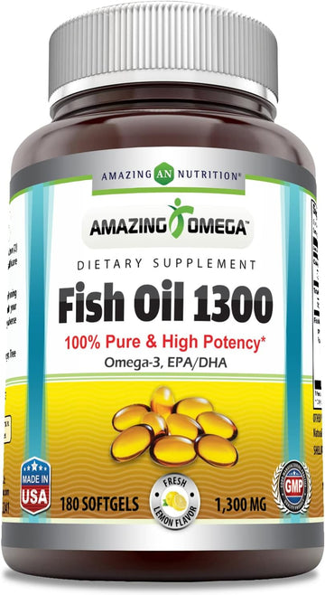 Amazing Omega Fish Oil (Omega-3) 1300mg 180 Softgels Supplement | Lemon avor | Non-GMO | Gluten Free | Made in USA