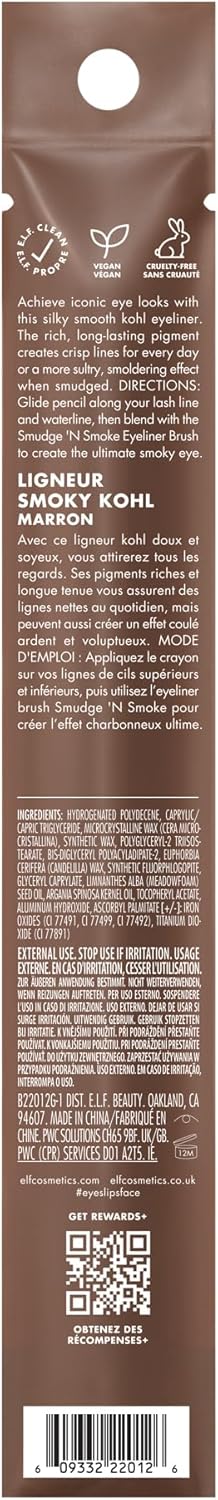 E.L.F. Smoky Kohl Eyeliner, Eye Pencil For Creating Long-Lasting, Bold, High-Pigment Makeup Looks, Vegan & Cruelty-Free, Black Velvet
