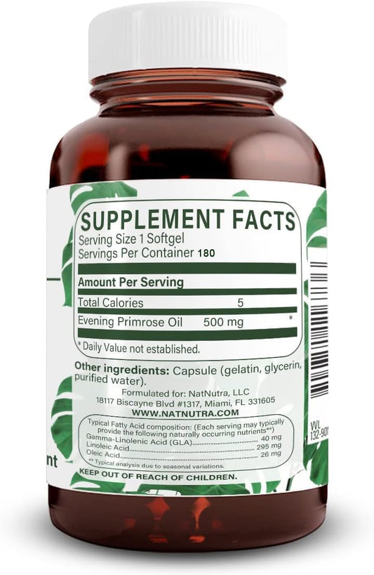 Natural Nutra Evening Primrose Oil Supplement From Fatty Acid, Nerve Health, Promote Hearth Health, Skin Clarity, 500 Mg, 180 Softgel
