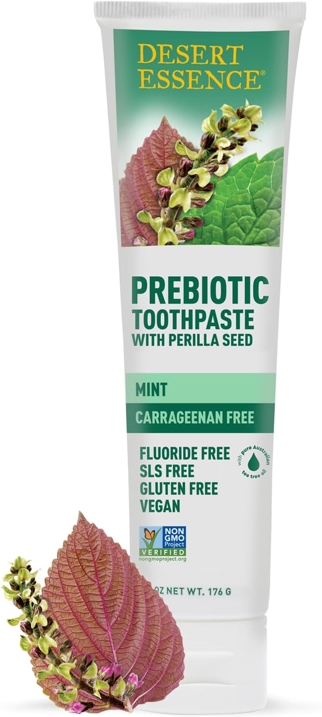 Desert Essence Prebiotic Plant-Based Whitening Toothpaste - Mint - Oral Care With Inulin, Perilla Seed & Aloe - Vegan, Fluoride Free, Non-Gmo, Gluten-Free, Cruelty-Free - 6.25 Oz