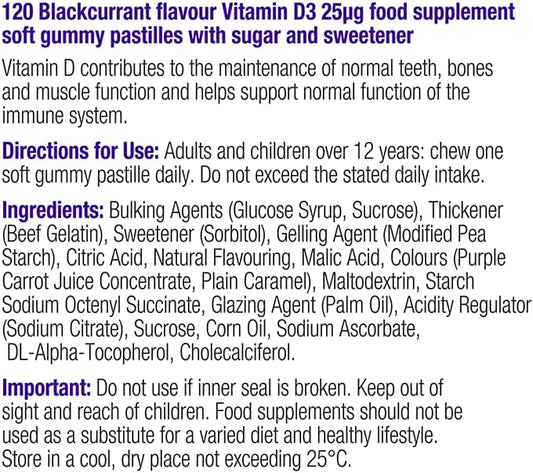 Vitawell Adult Vitamin D 25µg Gummies | 120 Blackcurrant Flavour Gummies | High Strength Vit D3 Formula | 4 Months’ Supply | One A Day Chewable Adult Vitamin | Bone & Immune Health | By Vitawell