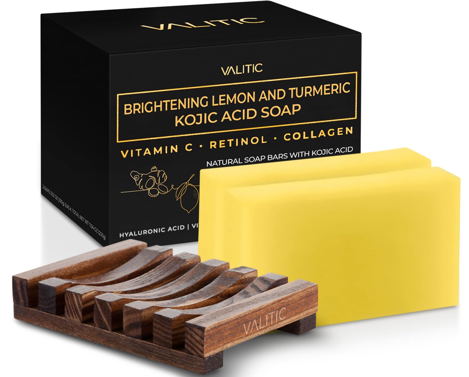 Valitic Brightening Lemon & Turmeric Kojic Acid Soap With Vitamin C, Retinol, Collagen - Original Japanese Complex - With Hyaluronic Acid, Vitamin E, Shea Butter, Castile Olive Oil 2 Pack+Holder