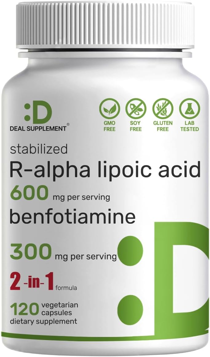 Deal Supplement R Alpha Lipoic Acid 600Mg With Benfotiamine 300Mg Per Serving, 120 Veggie Capsules – 200Mg R-Ala Per Capsule – Antioxidant Supplement For Energy & Nervous System Support