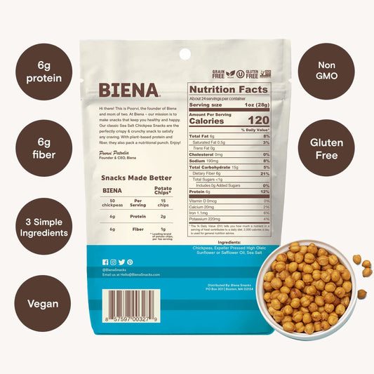 Biena Crispy Roasted Chickpea Snacks, Sea Salt, High Protein Snacks, High Fiber Snacks, Gluten Free, Plant-Based, Healthy Snacks for Adults and Kids, 4-Pack 5 Ounce Bags