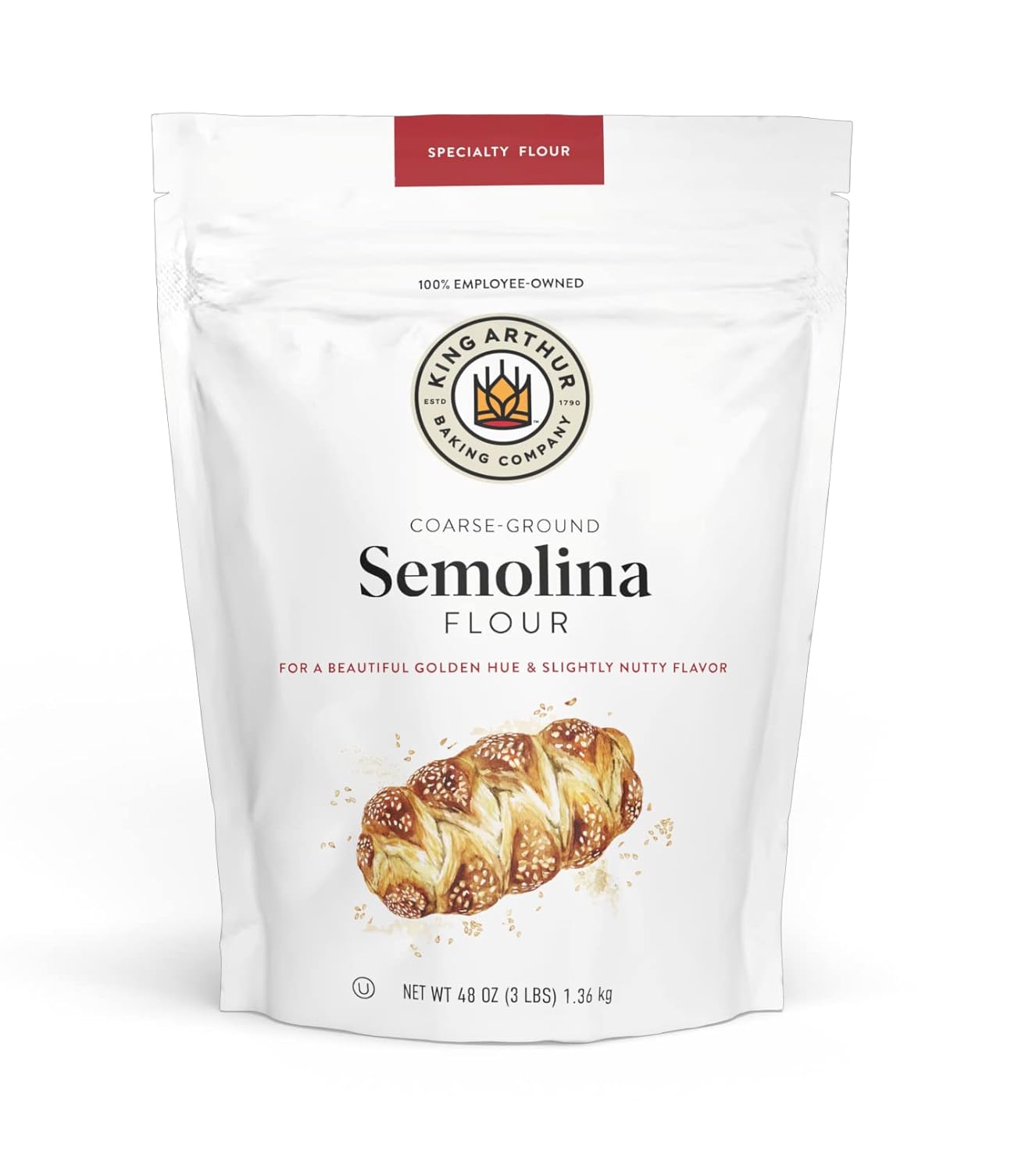 King Arthur Premium Semolina Flour: Coarse Ground, High Protein Durum Wheat For Perfect Pasta, Pizza, And Bread Making - Kosher, 3 Lbs Resealable Bag, Usa-Grown Wheat, Versatile Baking Ingredient