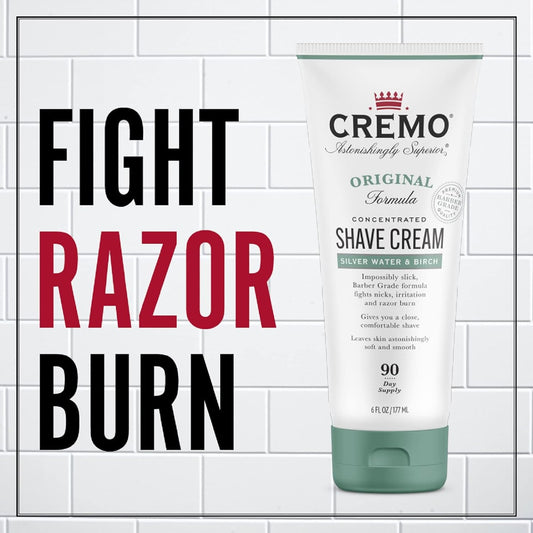 Cremo Barber Grade Silver Water & Birch Shave Cream, Astonishingly Superior Ultra-Slick Shaving Cream for Men, Fights Nicks, Cuts and Razor Burn, 6 Fl Oz