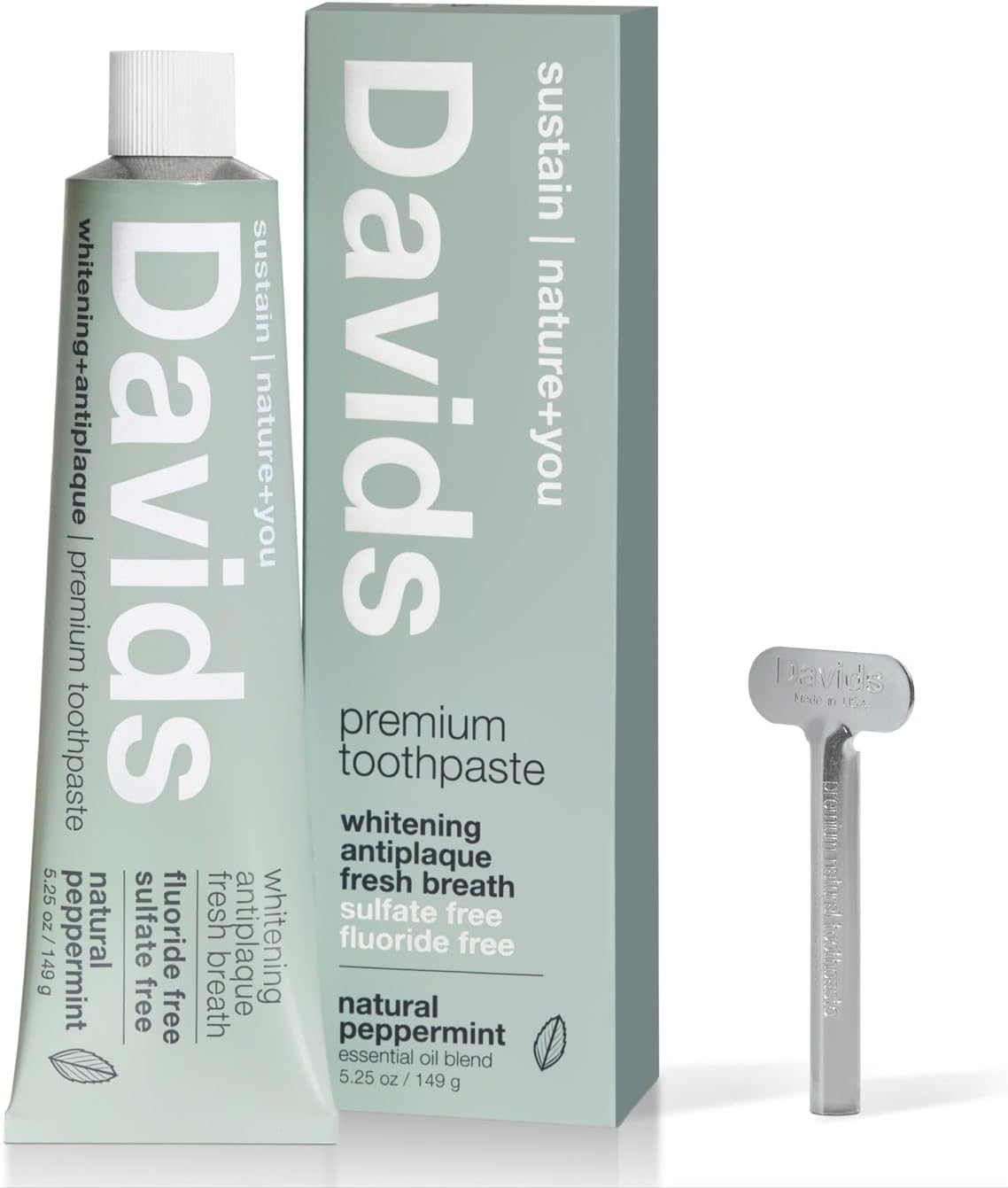Davids Natural Toothpaste for Teeth Whitening, Peppermint, Antiplaque, Fluoride Free, SLS Free, EWG Verified, Toothpaste Squeezer Included, Recyclable Metal Tube, 5.25oz
