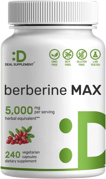 Deal Supplement Berberine Max Supplement With Turmeric, 5,000Mg Per Serving, 240 Veggie Capsules – 97% Pure Berberine Hcl – 25:1 Root Extract – Vegetarian Friendly, Non-Gmo