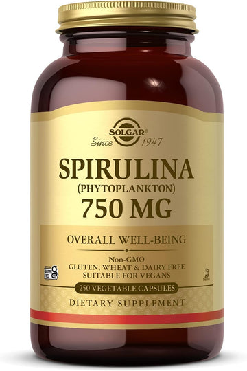 Solgar Spirulina 750 Mg, 250 Vegetable Capsules - Plant Plankton - Overall Well-Being - Immune Support - Super-Green - Non-Gmo, Vegan, Gluten Free, Dairy Free, Kosher - 62 Servings