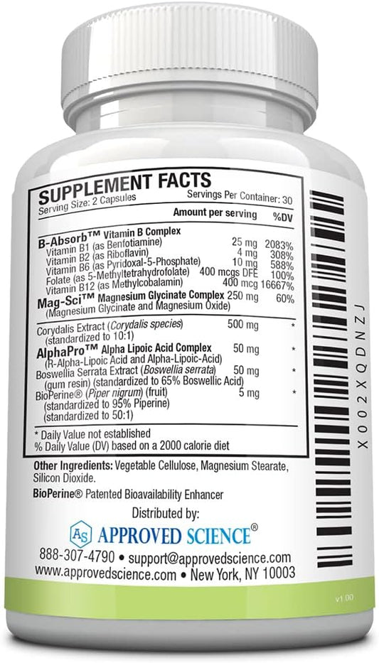 Approved Science Nervprin - Nerve Support - Benfotiamine, B12, R-Alpha-Lipoic Acid, Corydalis, Boswellia, BioPerine - 60 Capsules - Made in The USA